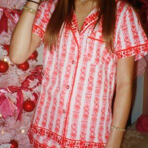 Pink Palm Pajamas in Cranberry + Holiday Bow Set